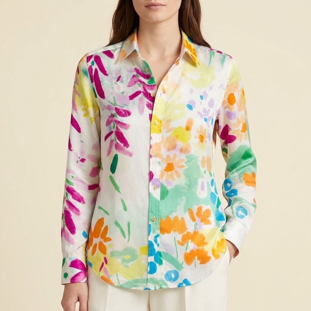 014-RALPH LAUREN Black Label 100% Silk Watercolor Floral Blouse 4